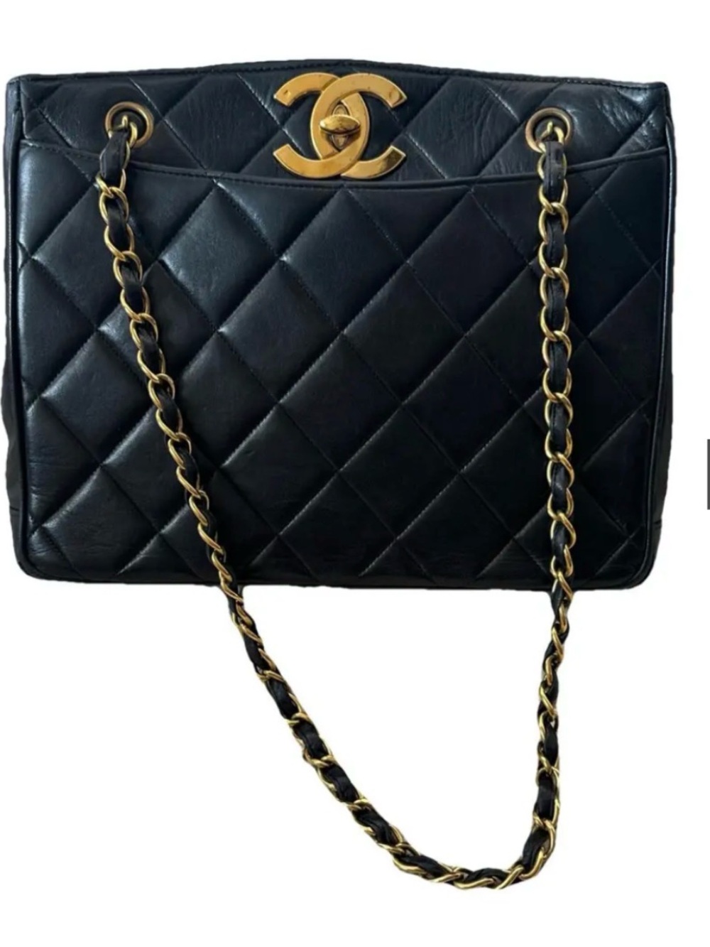 CHANEL Black Quilted Lambskin Shoulder Bag with 24k Gold Chain & maxi CC